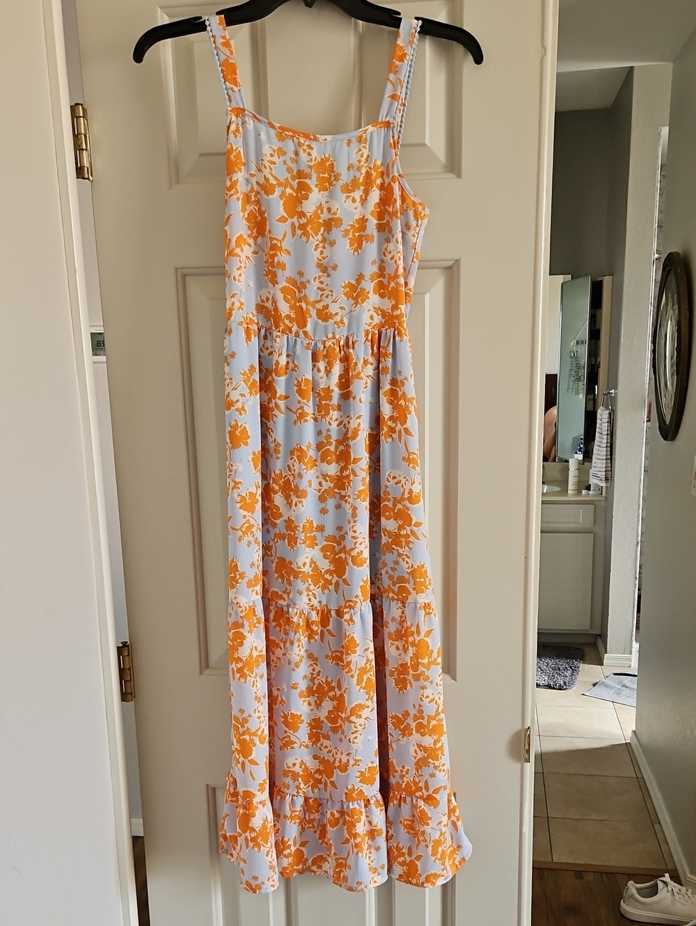 White and Orange Floral Maxi Dress with Thin Straps